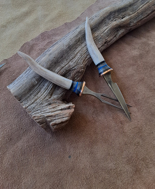 25-2 - Deer Antler Tip Black Paper Micarta, Blue Stabilized Maple, Blue G10 Eating Set