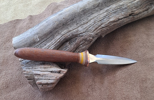 25-8 - Tiger Wood Natural Linen Micarta, Oatmeal Micarta, Yellow G10 Bodice Dagger