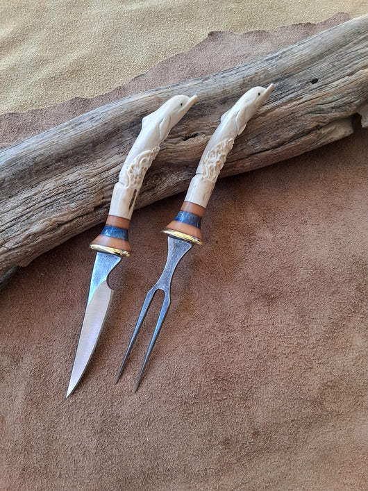 25-3 - Dolphin Carved Deer Antler Natural Paper Micarta, Blue Buckeye Eating Set