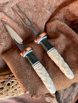 131-22 Deer Antler Carved Celtic Knots, Stabilized Teal Dyed Mango, Natural Linen Micarta, White G10, Eating Set