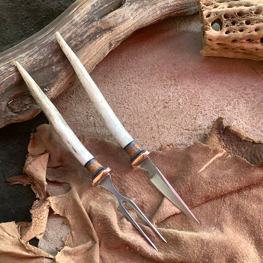 130-22 Deer Antler Tip Spacers: Stabilized Yellow Dyed Maple Burl, Black Linen Micarta and Gray G10 Eating Set