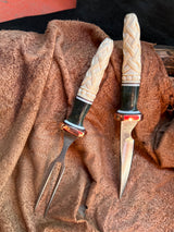 131-22 Deer Antler Carved Celtic Knots, Stabilized Teal Dyed Mango, Natural Linen Micarta, White G10, Eating Set