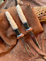 131-22 Deer Antler Carved Celtic Knots, Stabilized Teal Dyed Mango, Natural Linen Micarta, White G10, Eating Set