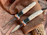 131-22 Deer Antler Carved Celtic Knots, Stabilized Teal Dyed Mango, Natural Linen Micarta, White G10, Eating Set