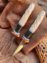 131-22 Deer Antler Carved Celtic Knots, Stabilized Teal Dyed Mango, Natural Linen Micarta, White G10, Eating Set