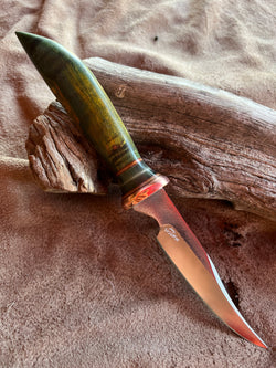 23-144 Stabilized Yellow and Green Dyed Karelian Burl Clip Point