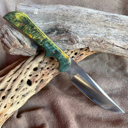 23-162 Stabilized Green and Yellow Karelian Burl Drop Point Utility