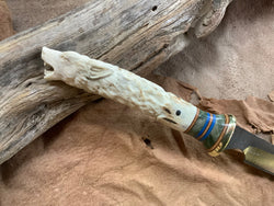 24-143 Wolf Carved Deer Antler Narrow Short Drop Point