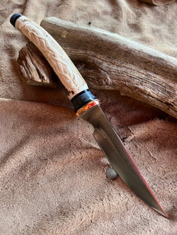 23-148 Celtic Knots carved Antler Drop Point Utility