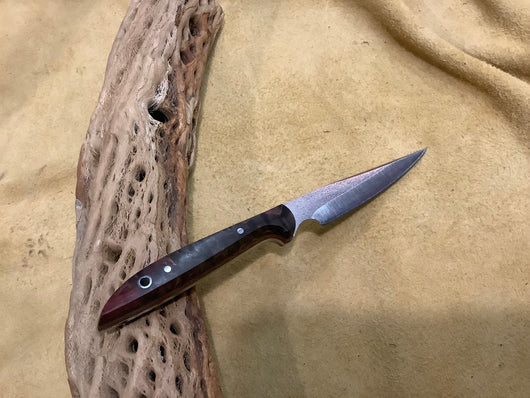 25-169 - Stabilized Red and Black Karelian Burl Narrow Drop Point Utility