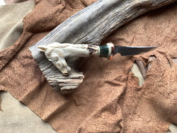 24-71 - Horse Carved Deer Antler Narrow Drop Point Utility