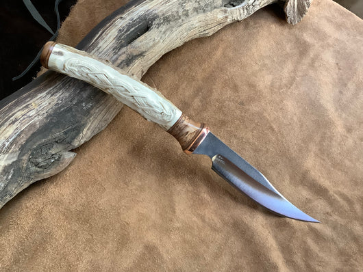 25-152 - Celtic Carved Deer Antler Segment Clip Point Utility