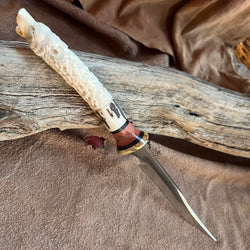 24-154 - Bear Carved Deer Antler Narrow Clip Point