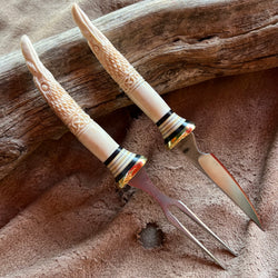 23-138 Raven carved Deer Antler Eating Set