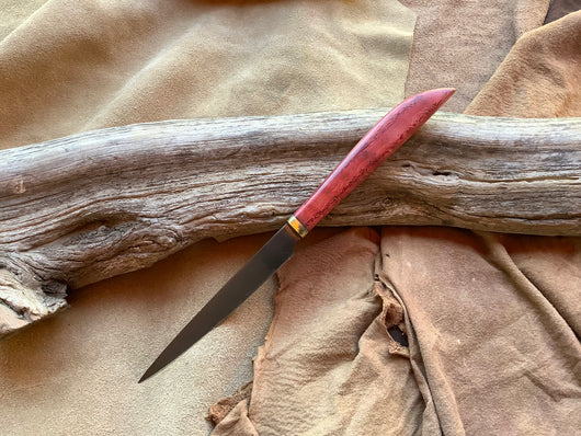 24-01 Stabilized Red Dyed Spaghetti Oak Fruit Knife