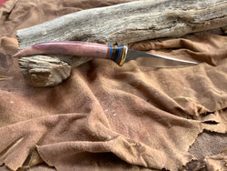 24-138 Deer Antler Tip Natural Canvas Micarta, Blue G10, Yellow and Brown Karelian Burl Narrow Drop Point