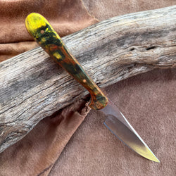 24-90 Stabilized Orange, Yellow, Green Dyed Karelian Burl Narrow Drop Point Utility