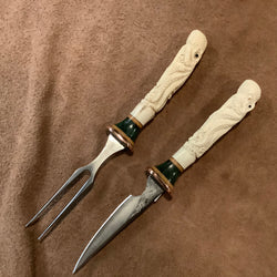 24-176 - Octopus Carved Deer Antler Natural Canvas Micarta, Green Buckeye Burl Eating Set