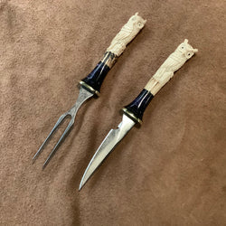 24-175 - Owl Carved Deer Antler Black Paper Micarta, Purple Haze Kirinite Eating Set