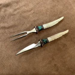 24-180 - Raven Carved Deer Antler Brown Paper Micarta with Two White Lines, Teal Mango Eating Set