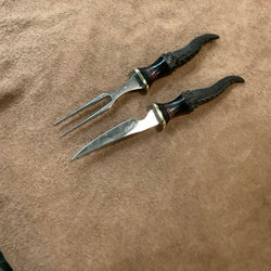 24-178 - Tentacle Carved Water Buffalo Black with Two Lines Linen Micarta, Red Fiber Raffir Eating Set