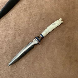 24-187 - Wolf Carved Deer Antler Black Linen Micarta, Blue G10, Spalted Mango Long Bodice Dagger