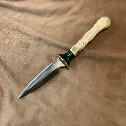24-188 - Octopus Carved Deer Antler Black Paper Micarta, Blue G10, Green Buckeye Burl Hidden Bodice Dagger