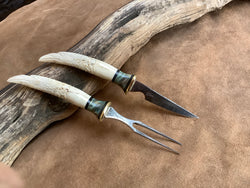 25-132 - Raven Carved Deer Antler Eating Set