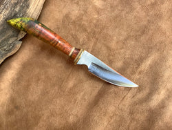 25-142 - Stabilized Orange, Yellow and Green Karelian Burl Short Drop Point
