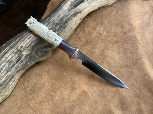 25-150 - Owl Carved Deer Antler Narrow Spearpoint