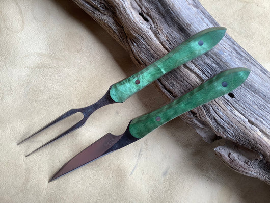 26-68 - Stabilized Green Dyed Quilted Maple Eating Set