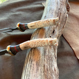 23-25  Wolf Carved Deer Antler Stabilized Black Dyed Maple Burl, Red g10, Black Linen Micarta