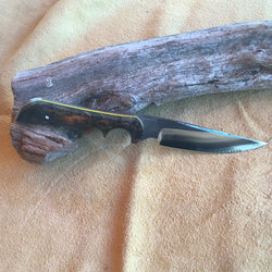 23-56 Stabilized Black and Orange Karelian Burl, Yellow G10, Natural Linen Micarta
