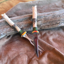 23-32 Wolf Carved Deer Antler Green Dyed Spalted Maple, Natural Linen Micarta