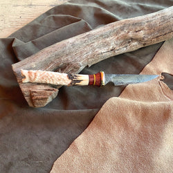 21-23 Wolf Carved Deer Antler Red Dyed Stabilized Maple Burl, Natural Linen Micarta, Yellow g10