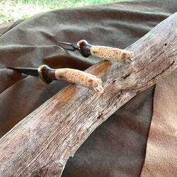 23-25  Wolf Carved Deer Antler Stabilized Black Dyed Maple Burl, Red g10, Black Linen Micarta