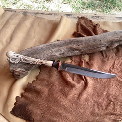 23-69 Octopus Carved Deer Antler Blue Buckeye Burl, Black Paper Micarta, Natural Linen Micarta