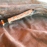 23-38 Celtic Carved Deer Antler with Cane Tip Green Dyed Maple Burl with Natural Linen