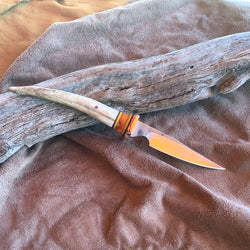 23-40 Deer Antler Tip Sunrise Kirinite, Yellow G10, Natural Linen Micarta
