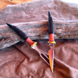 23-33 Raven Carved Water Buffalo Stabilized Red Dyed Maple Burl, Natural Linen Micarta