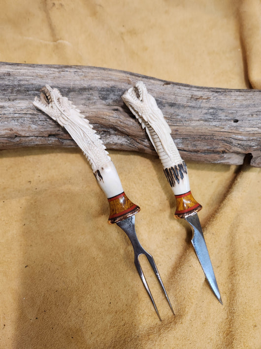25-176 - Loong Dragon Carved Deer Antler Eating Set