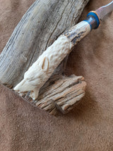 25-13 - Wolf Carved Deer Antler Blue Paper Micarta, Purple Maple Narrow Fillet