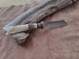 25-10 - Celtic Wolf Carved Deer Antler Natural Micarta with Two Black Lines and Green Buckeye Short Saex