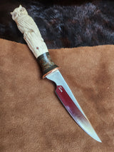 25-113 - Owl Carved Deer Antler Narrow Drop Point Utility