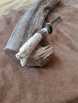 25-10 - Celtic Wolf Carved Deer Antler Natural Micarta with Two Black Lines and Green Buckeye Short Saex