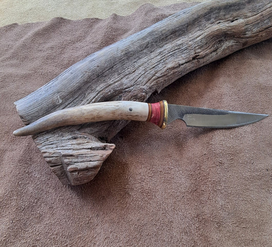 25-16 - Deer Antler Tip Natural Linen Micarta, Red Maple Burl Narrow Short Utility