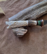 25-10 - Celtic Wolf Carved Deer Antler Natural Micarta with Two Black Lines and Green Buckeye Short Saex