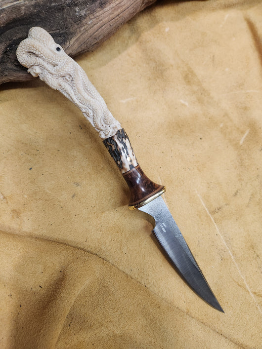 25-194 - Octopus Carved Deer Antler Narrow Drop Point Utility