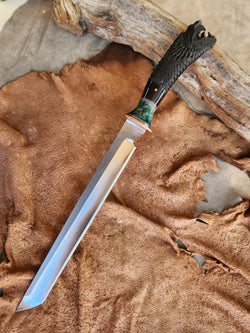 26-23 - Loong Dragon Carved Water Buffalo Long Tanto Asymmetrical