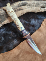 25-110 - Wolf with Celtic Knot Carved Deer Antler Drop Point Utility